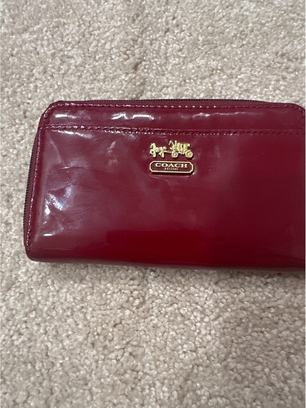 (3Coach Burgundy Patent Leather Zip Wallet